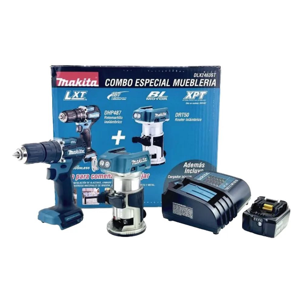 kit de Rotomartilló DHP487 +Fresadora Multifuncional DRT50, Incluye 1 Cargador Rápido DC18SD y 1 Batería li-Ion de 5.0 Ah Modelo BL1850B.
