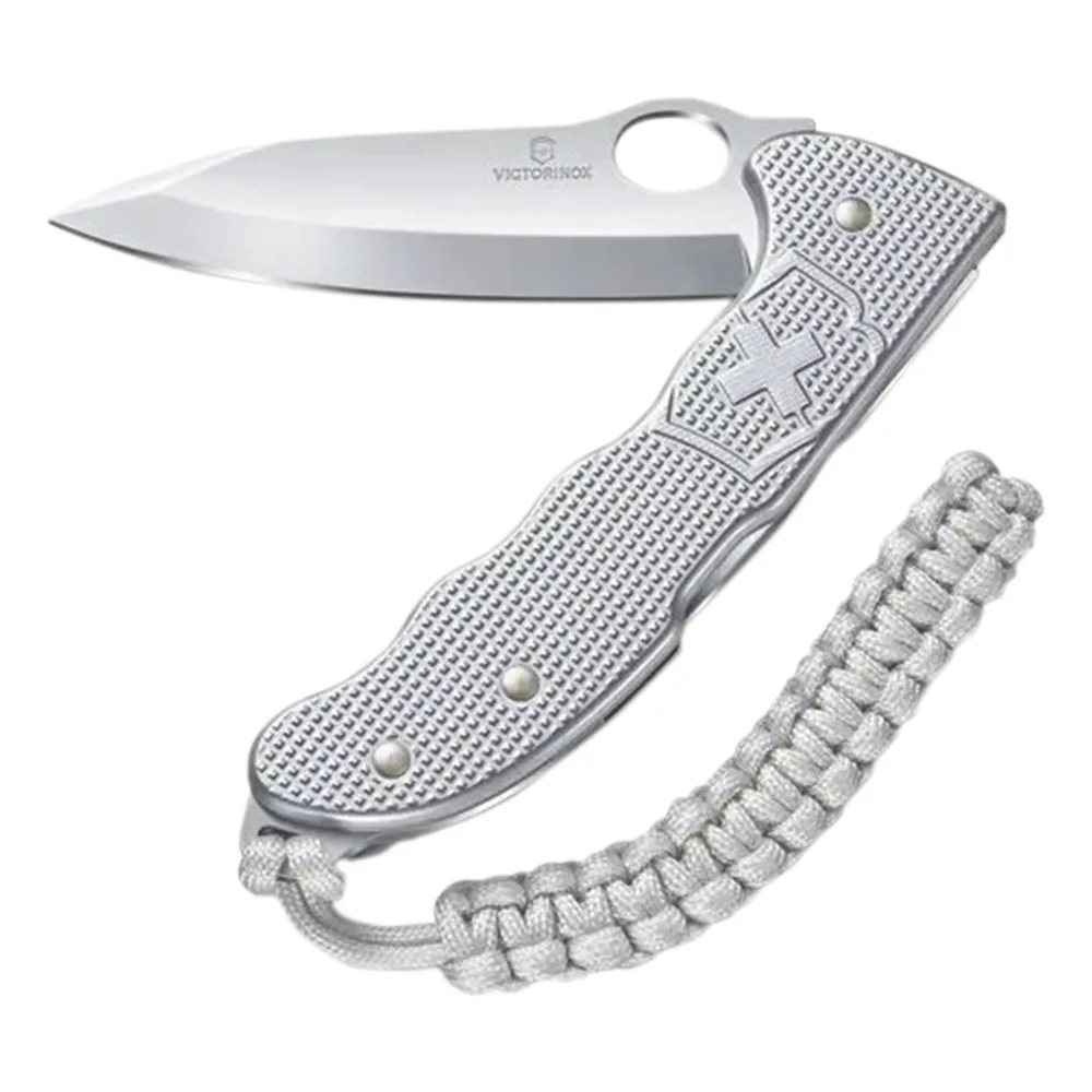 Navaja Victorinox Hunter con Cachas Alox Acanaladas y Hoja a una Mano. Con Colgante Paracord Plateado.