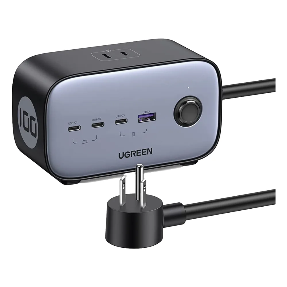 Cargador de Escritorio y Tomacorriente Múltiple | 3 Puertos USB-C | 1 Puertos USB-A | 3 Tomacorriente de CA | Tecnología GaN II | 1 USB 100W PD | Carga Rápida | Diseño Innovador en Forma de Cubo | Interruptor de Apagado.