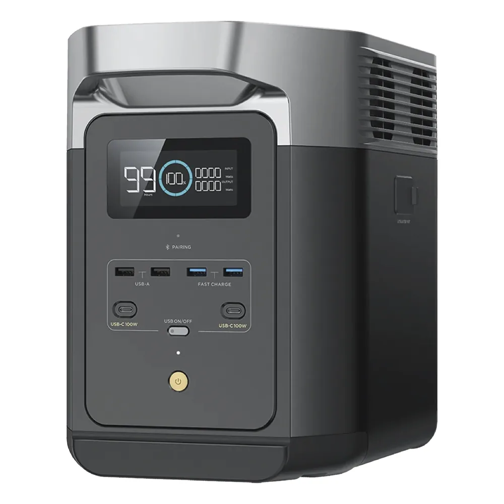Estación de Energía Portátil Delta 2 1024Wh Litio LFP / 6 AC 1800 W (Max. 2200W) / 2 USB-C 100W / Capacidad para Aumentar Respaldo / Cargador de Coche 10A a 12.6V / Conectividad WiFi y Bluetooth (App) / Carga Solar 500W Max.