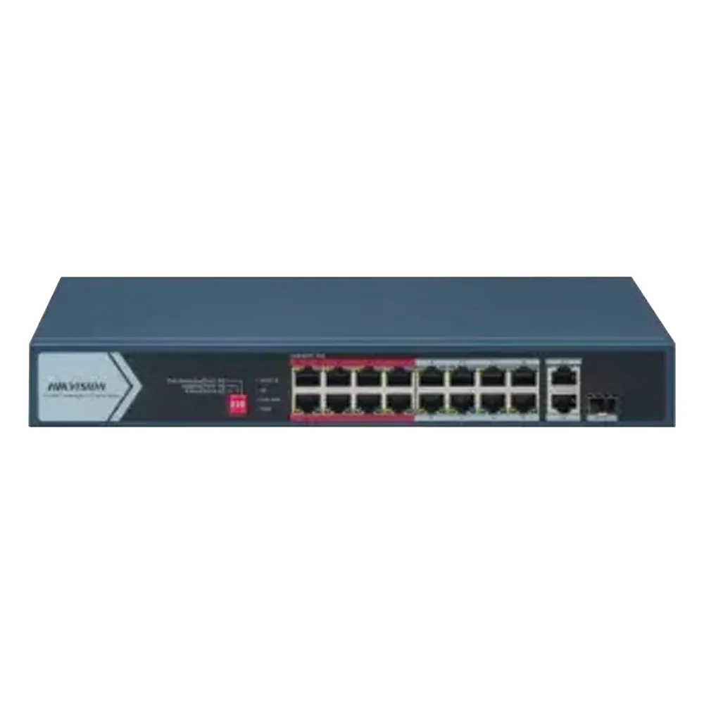 Switch PoE+ / No Administrable / 16 Puertos 10/100 Mbps PoE+ / 2 Puertos 1000 Mbps Uplink / 1 Puerto SFP Uplink / Modo Extendido hasta 300 Metros / 130 W