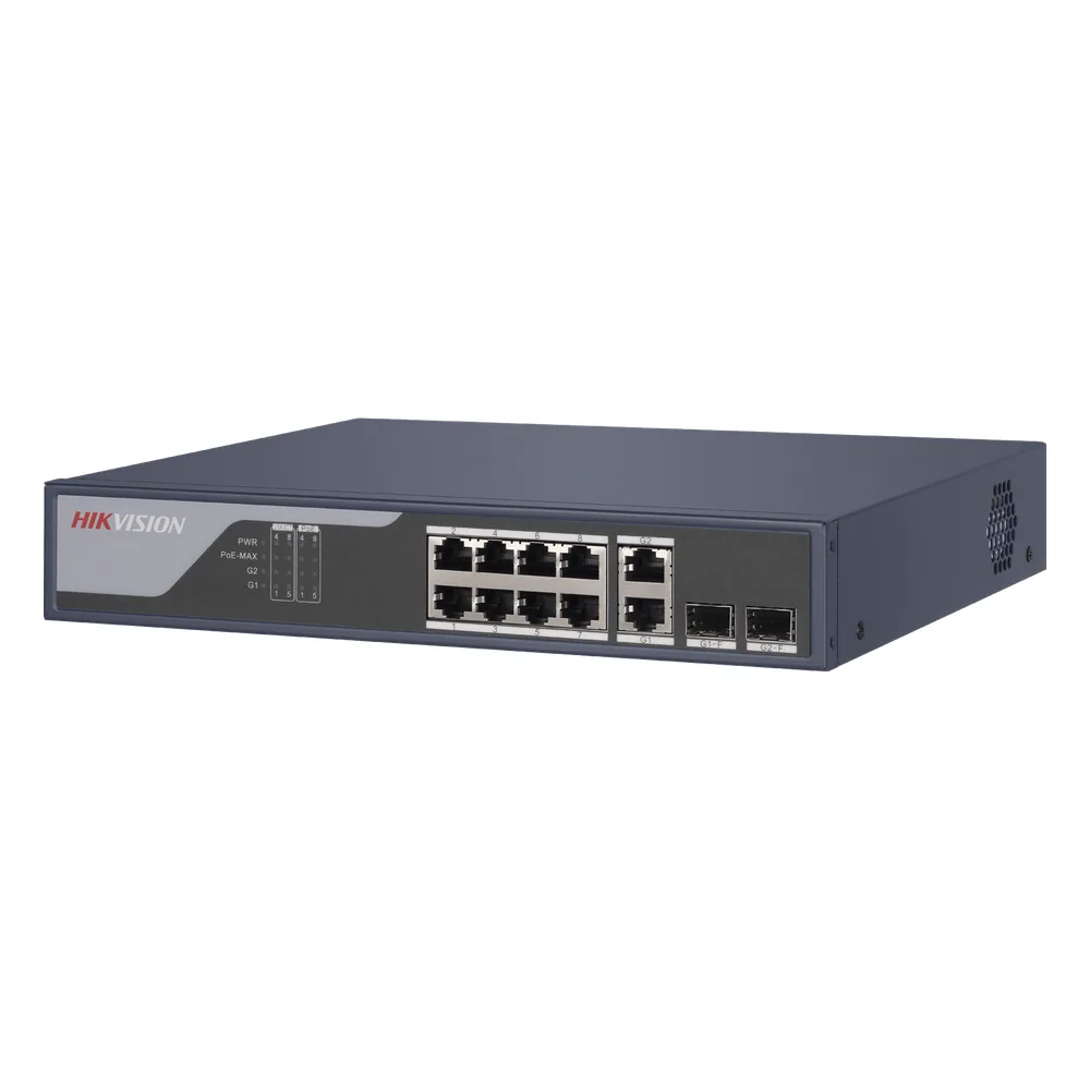 Switch PoE+ / Administrable / Uso en Rack / 8 Puertos 10/100 PoE+ / 2 Puertos 1000 Mbps Uplink / 2 Puertos SFP / Configuración Nube desde Hik-PartnerPro / Modo Extendido hasta 300 Metros / 125 W