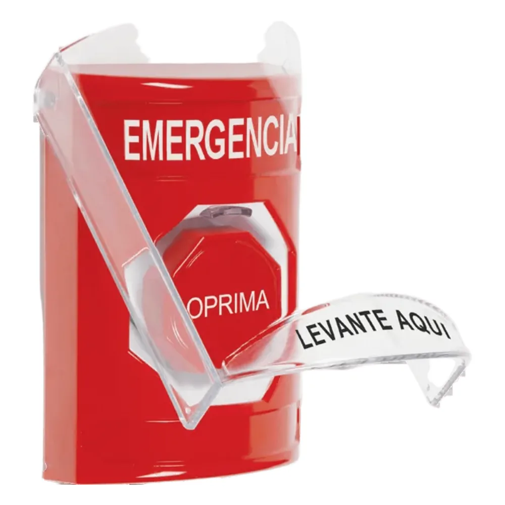 ​​Botón Multipropósito, Color Rojo, De Superficie, Con Tapa De Policarbonato, Con Bocina Pre Alarma, Solo Interior, Llave Para Restablecer, Texto De Emergencia, Español