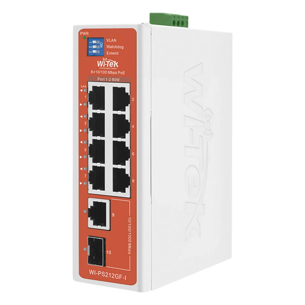Switch Semi-Industrial / No administrable / 8 puertos 10/100 PoE af/at/bt / 1 puerto Gigabit RJ45 Uplink / 1 puerto SFP Uplink / Presupuesto PoE 110 Watts /