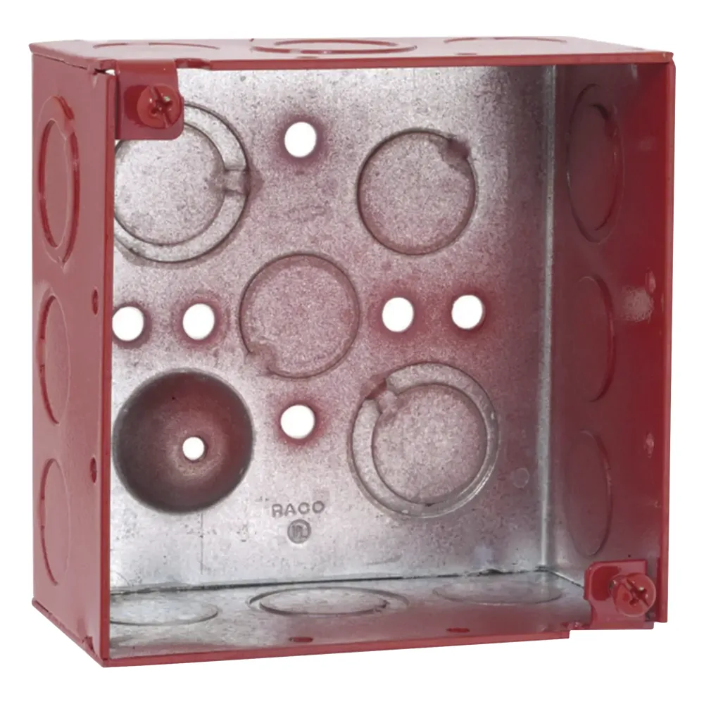 Caja Cuadrada Galvanizada de 4" /Profundidad de 2 1/8" / Cuenta con 11 KO de 1/2" y 6 TKO (1/2" - 3/4")/ Color Rojo.