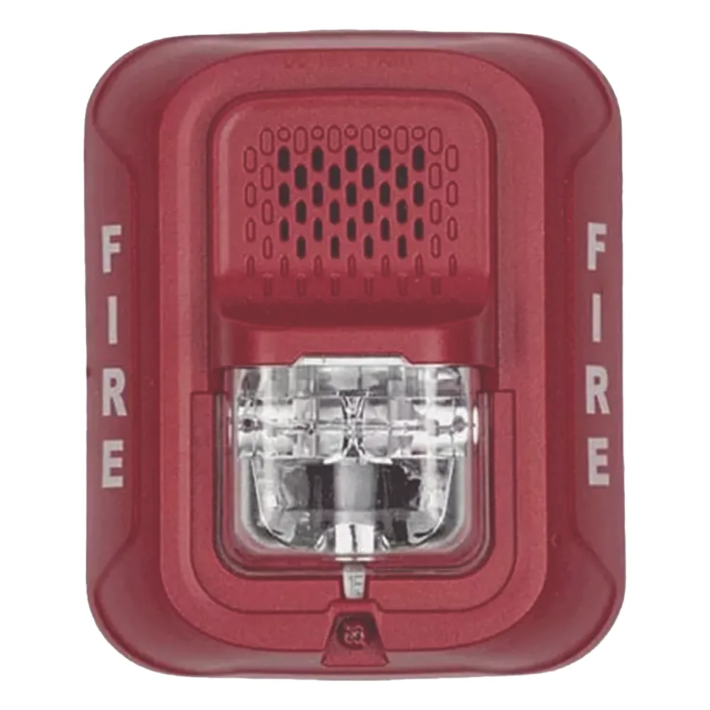 Sirena con lámpara estroboscópica de 4 hilos para pared, 12 o 24 Vcd, candela seleccionable hasta 185 cd, texto FIRE, color rojo