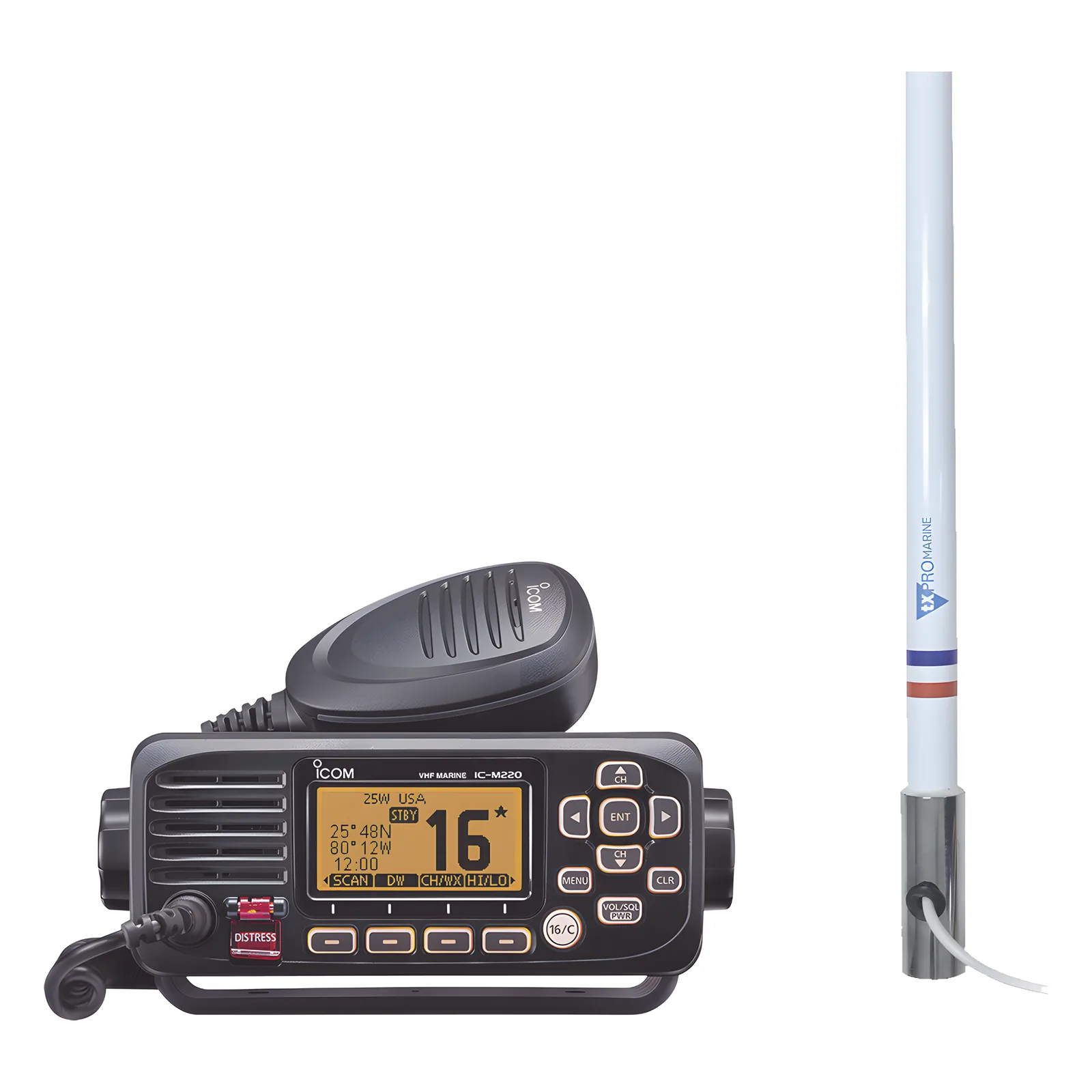 Kit de radio IC-M220 | mas antena marina TX-5101-SYS fabricada en fibra de vidrio con base roscable de acero inoxidable