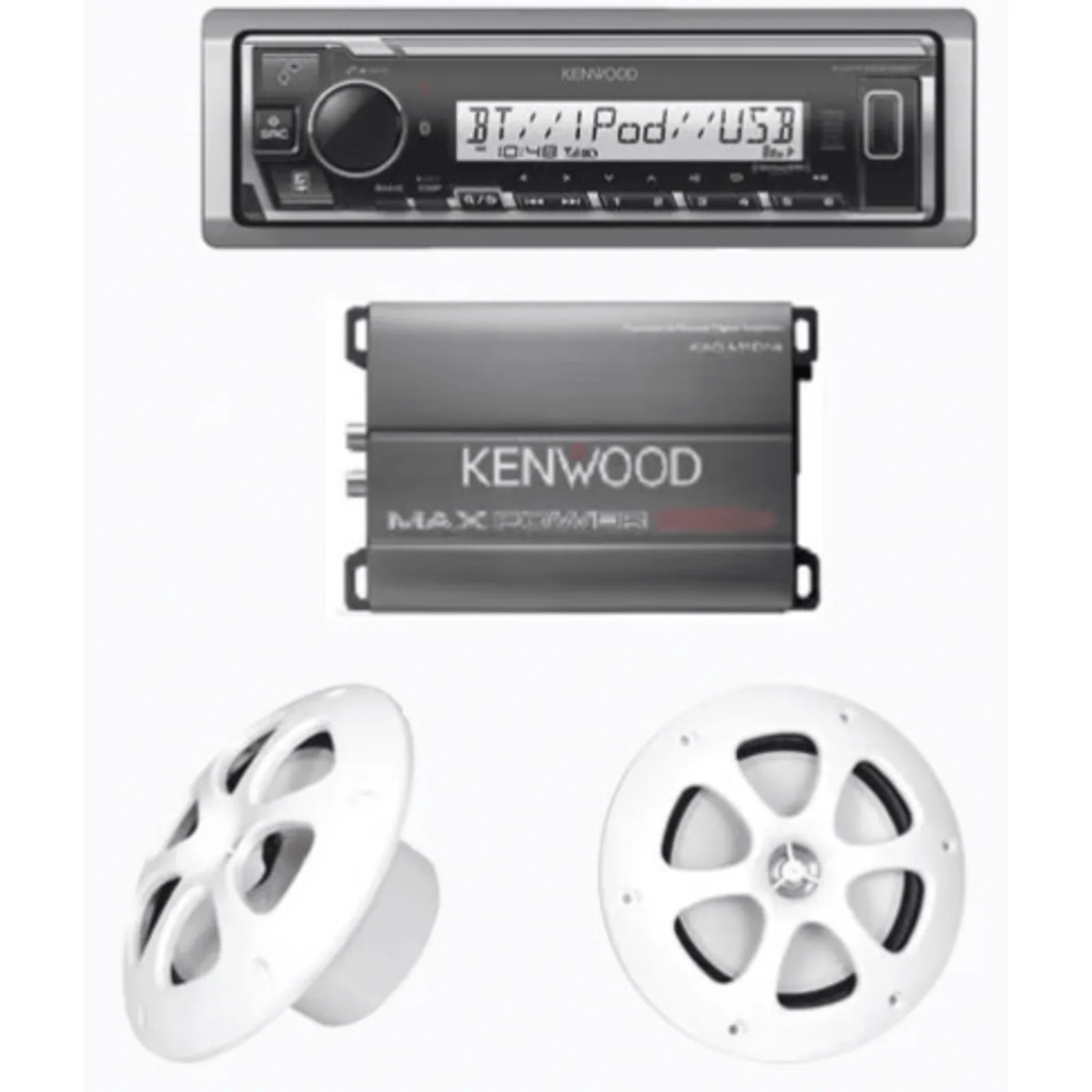 Kit de estereo con Bluetooth KMR-M332BT | Amplificador KAC-M1814 | mas Par de bocinas KFC-1613MRW