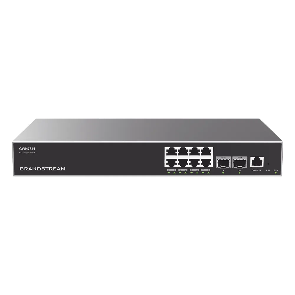 Switch Capa 3 Administrable / 8 puertos 10/100/1000 Mbps + 2 Puertos SFP+ 10 Gigabit / Compatible con GWN Cloud.