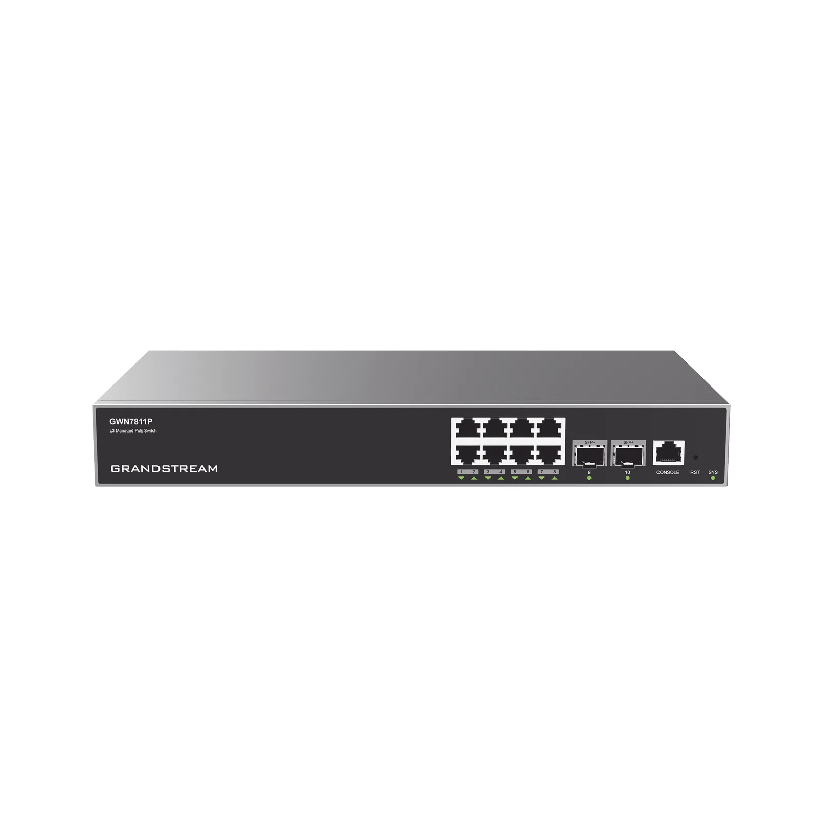 Switch Capa 3 PoE+ Administrable / 8 puertos 10/100/1000 Mbps + 2 Puertos SFP+ de 10 Gigabits / Hasta 120W / Compatible con GWN Cloud.