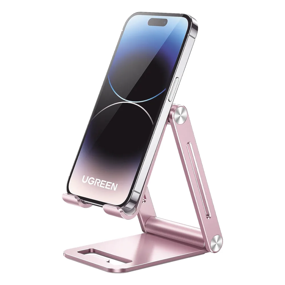 Soporte para Teléfono Celular de Aluminio / Angulo Ajustable / Amplia Compatibilidad con dispositivos de 4.7'' a 7.9'' / Antideslizante / Antiarañazos / Plegable / Color Rosa