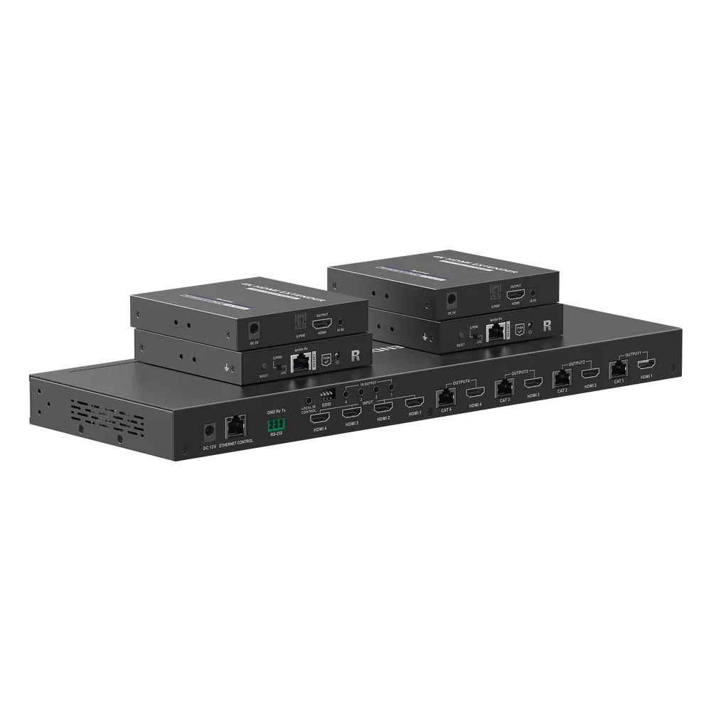 MATRICIAL Y EXTENSOR DE VIDEO HDMI 4 x 4 / 4 Entradas HDMI / 4 Salidas HDMI Loop / 4 Salidas RJ45 para Extender la señal 70 metros por salida /4K / Conmutación por RS232, Control Remoto o Ethernet.