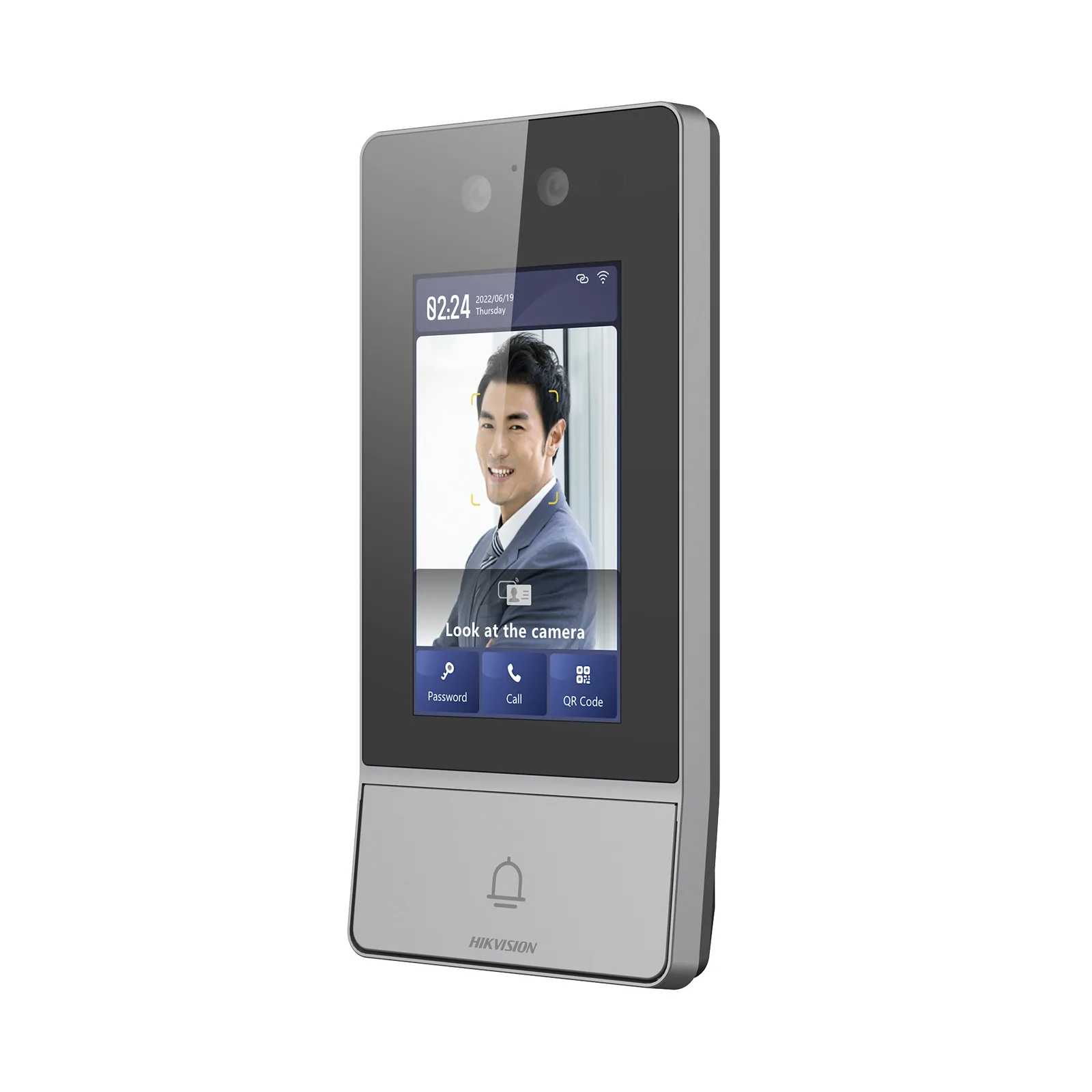 Videoportero IP 2 Megapixel / Llamada y Apertura Remota desde App Hik-Connect / Reconocimiento Facial / Panel touch 4.3"/ Exterior IP65 + Antivandalico IK08 / Botón mecanico de llamada / PoE / 1 Departamento / Apertura con Tarjeta, Codigo PIN