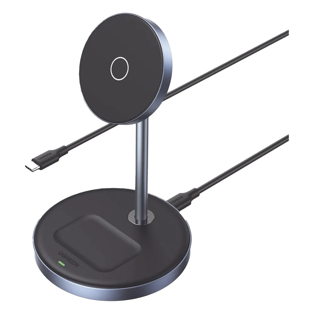 Soporte de Carga Inalámbrica | 3 en 1 | Compatible con MagSafe | Perfecto para iPhone y AirPods | Carga Rápida Adaptativa /Simultanea | Múltiples Protecciones | Luz Indicadora LED | Aleación de Aluminio | Incluye Cable