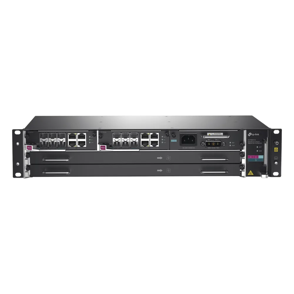 DeltaStream - OLT Módular GPON / Conexión de hasta 4,096 ONUs / 2 Tarjetas Main / Puertos Gigabit RJ45 Uplink / 4 Puertos SFP+ Uplink / Fuente Redundante AC- DC (incluida) / Administración desde la nube (DPMS)