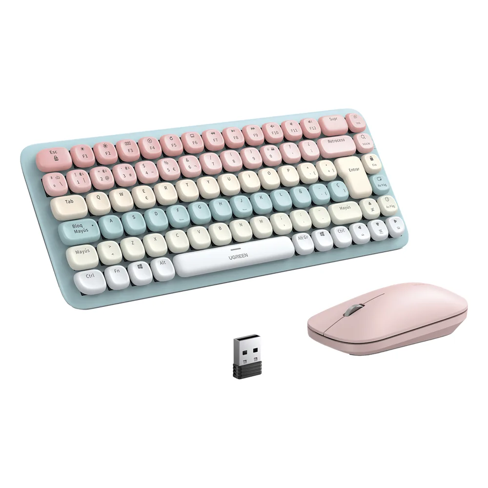 Paquete de Teclado y Mouse | 85 teclas en Español | Bluetooth y 2.4GHz | Mouse Ambidiestro | Sensor de DPI ajustable | Efectos de Iluminación del Teclado | Amplia compatibilidad | Color Rosa.