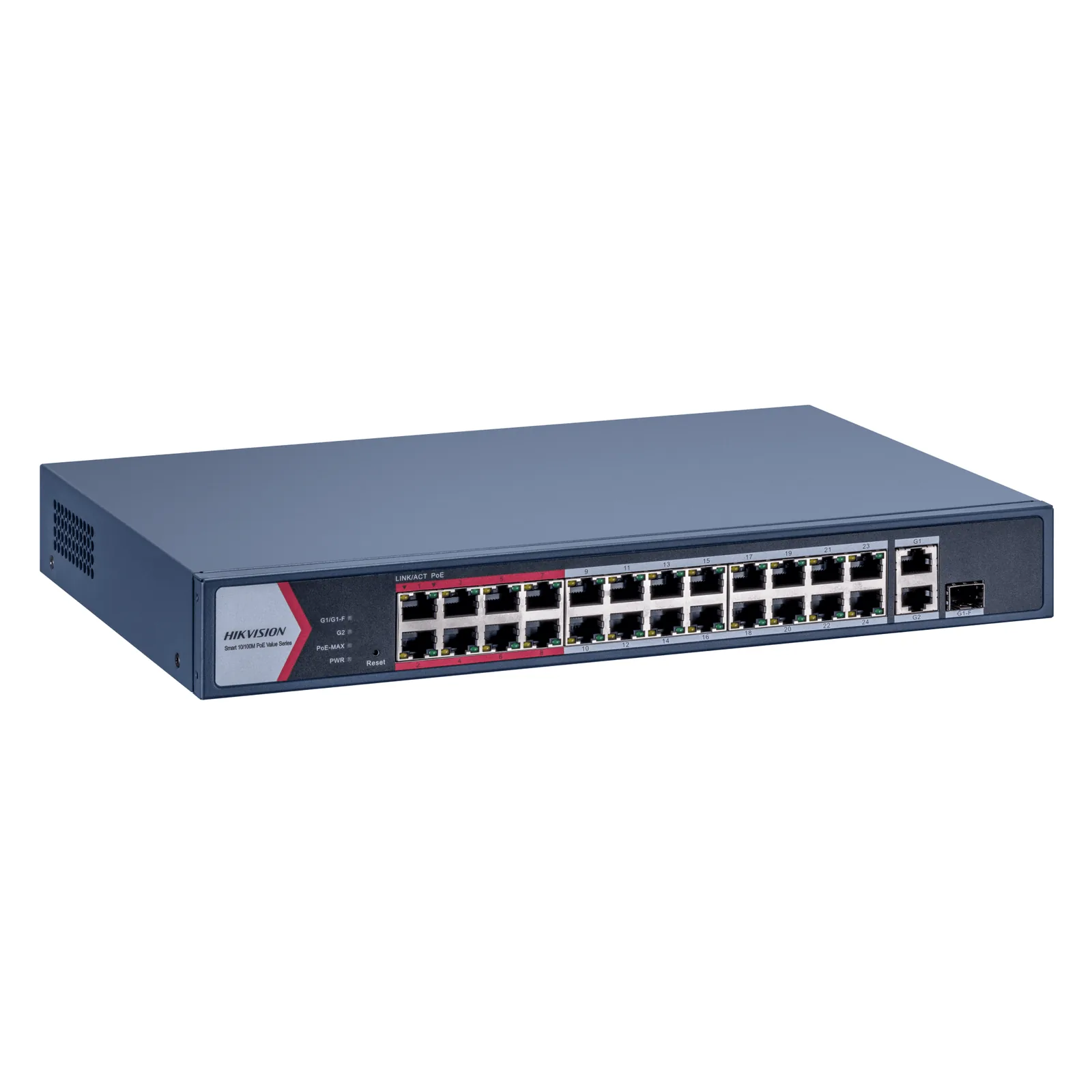 Switch Gigabit PoE+ / Monitoreable / 24 Puertos 1000 Mbps PoE+ / 1 Puerto 1000 Mbps de Uplink / 1 Puerto SFP / Configuración Nube desde Hik-PartnerPro / Modo Extendido hasta 300 Metros / 230 Watts