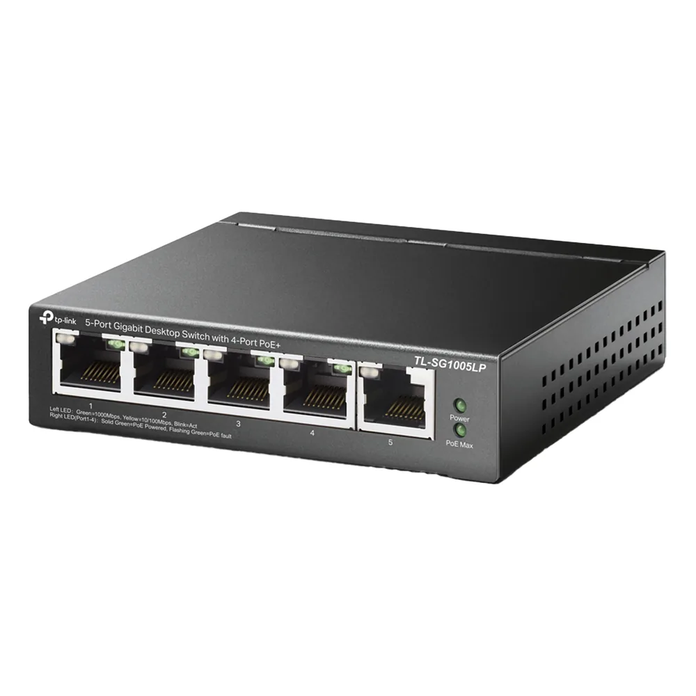Switch Escritorio No Administrable de 5 puertos 100/100/1000 Mbps / Con 4 puertos PoE 802.3af/at de hasta 40 W