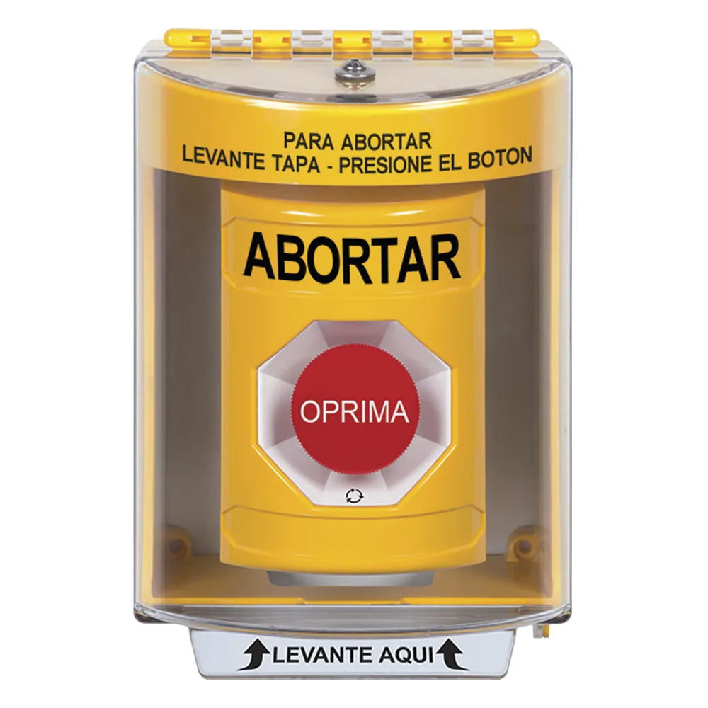 Botón de Abortar, Texto en Español, Tapa Protectora de Policarbonato Súper Resistente, Girar para restablecer