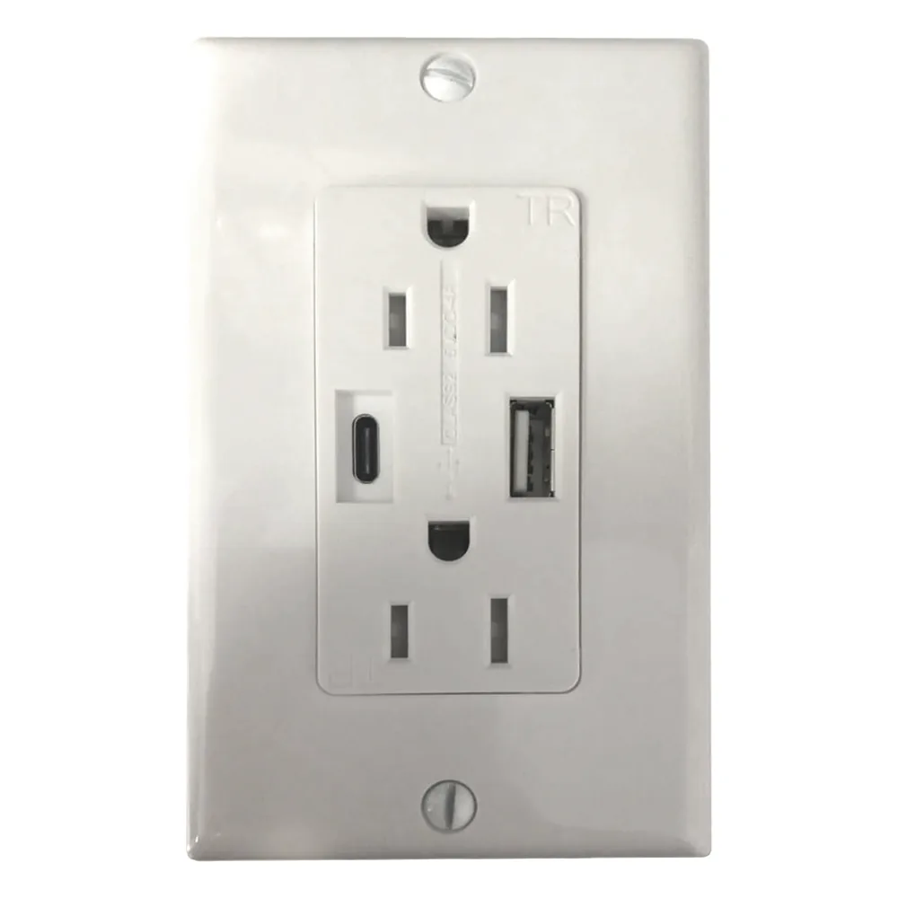 Contacto Dúplex con puertos USB Tipo A y C, 15 A, 100 - 240 V, USB 5 V, Incluye la Placa.