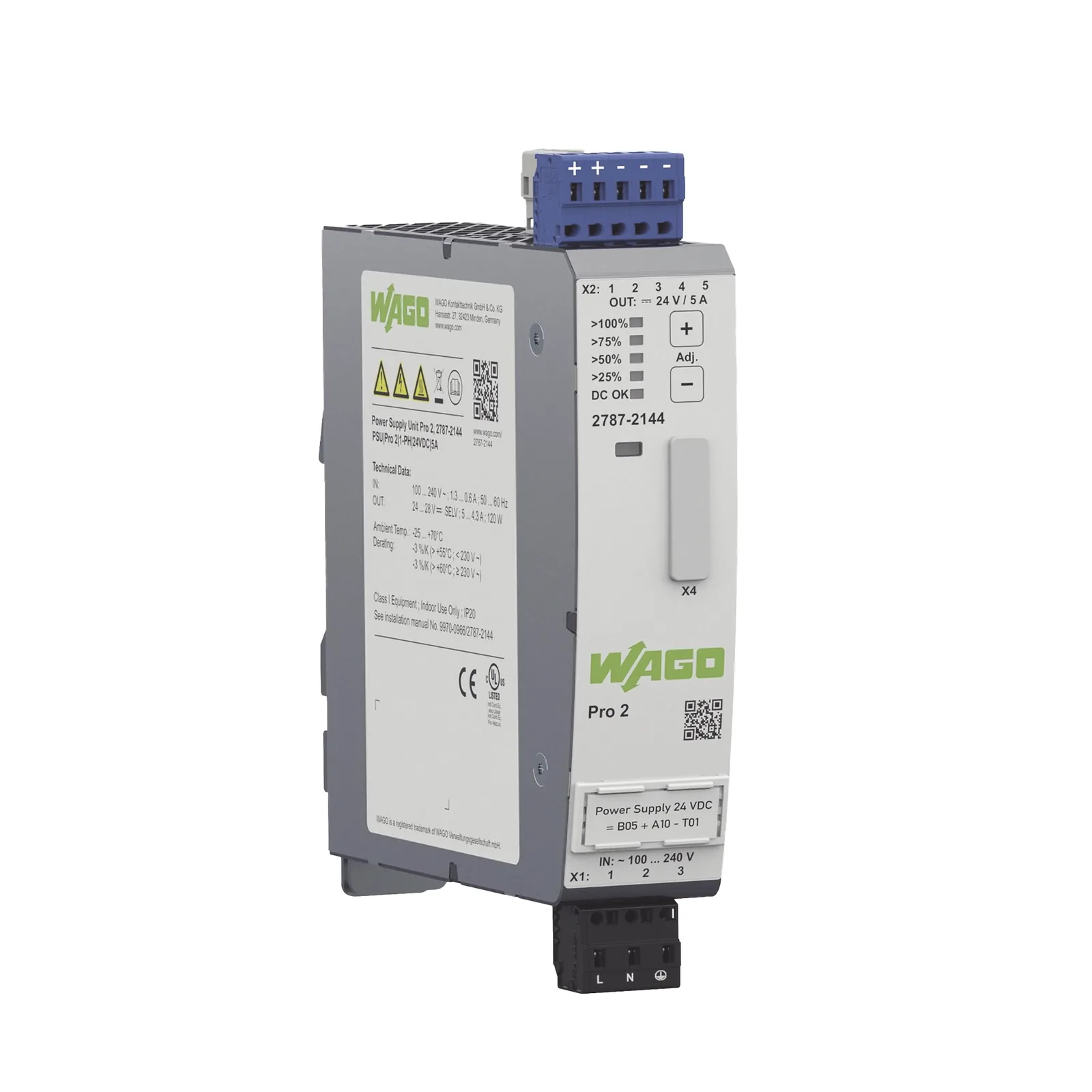 Fuente de Alimentación Industrial / Pro 2 / Monofásica / 24V DC 5A / TopBoost + PowerBoost / Comunicación Configurable / IP20 / Carril DIN