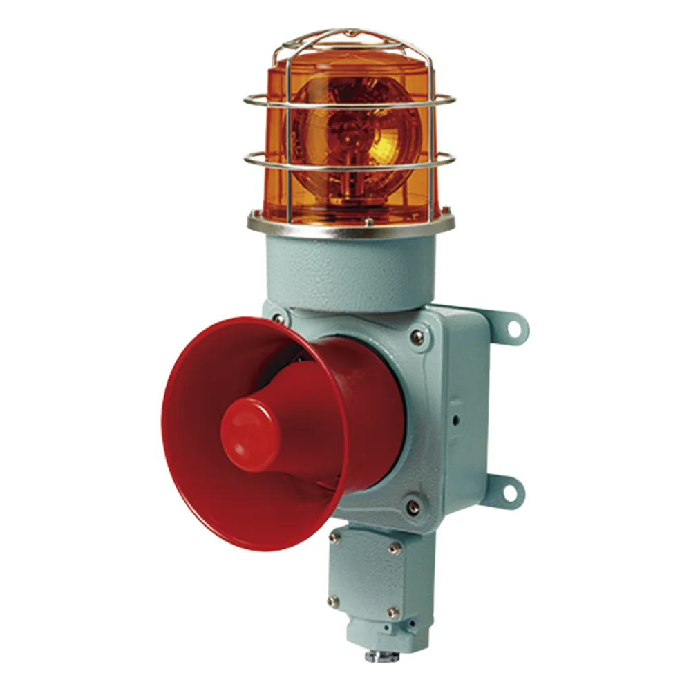Combinación de luz de advertencia giratoria color Ámbar con bocina eléctrica para aplicaciones de la industria a 24 VCD, máx. 120 dB