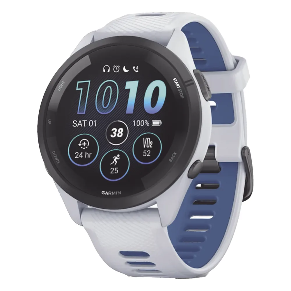 Forerunner® 265, Bisel negro con carcasa en blanco y correa de silicona en blanco/azul