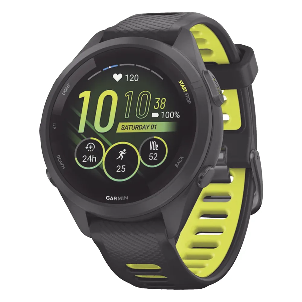 Forerunner® 265S, Bisel y carcasa en negro con correa de silicona en negro/amarillo