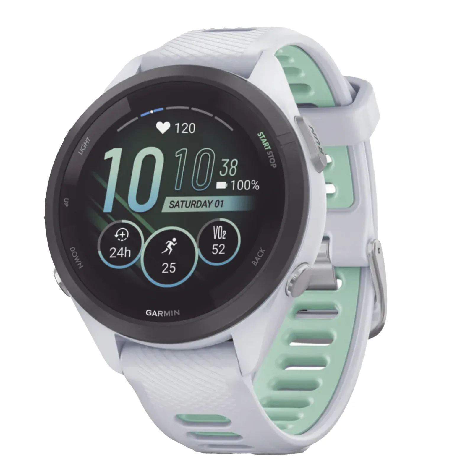 Forerunner® 265S, Bisel negro con carcasa en blanco y correa de silicona en blanco/verde