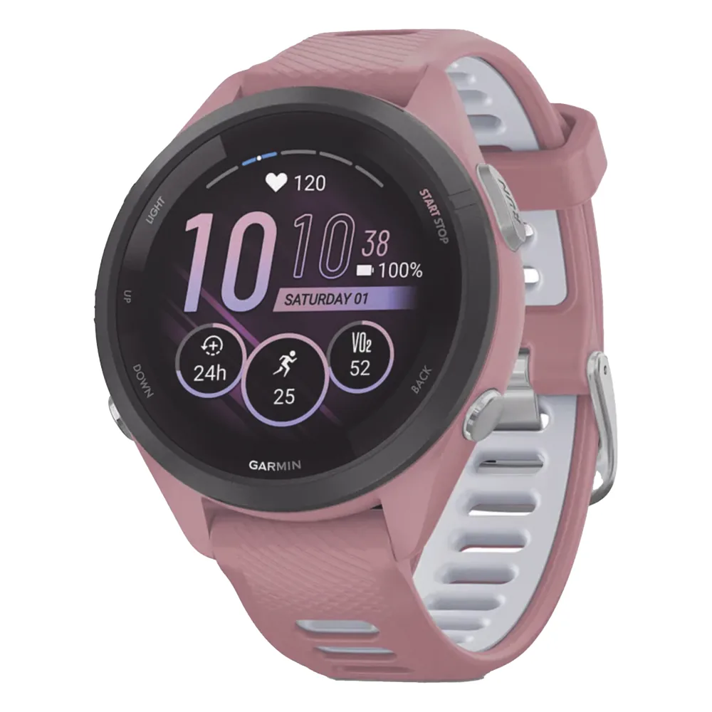 Forerunner® 265S, Bisel negro con carcasa en rosa y correa de silicona en rosa/gris