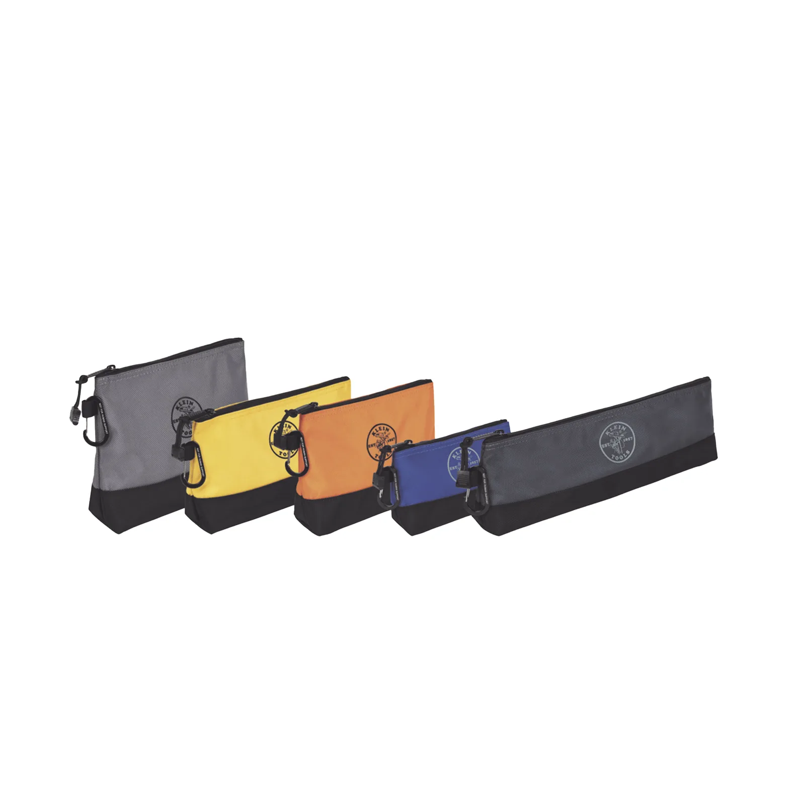 KIT 5 Bolsos Ultra Resistentes para Herramientas con Base y cierre Zipper, Colores: gris claro, amarillo, naranja, azul, gris oscuro. Todos con Mosquetones de Aluminio.