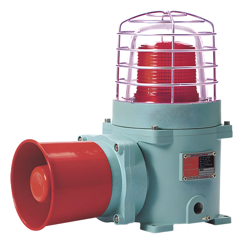 Combinación de baliza LED color Rojo con patrón fijo y flasheante con sirena electrónica, volumen máx. 120 dB para zonas peligrosas A 24 VCD