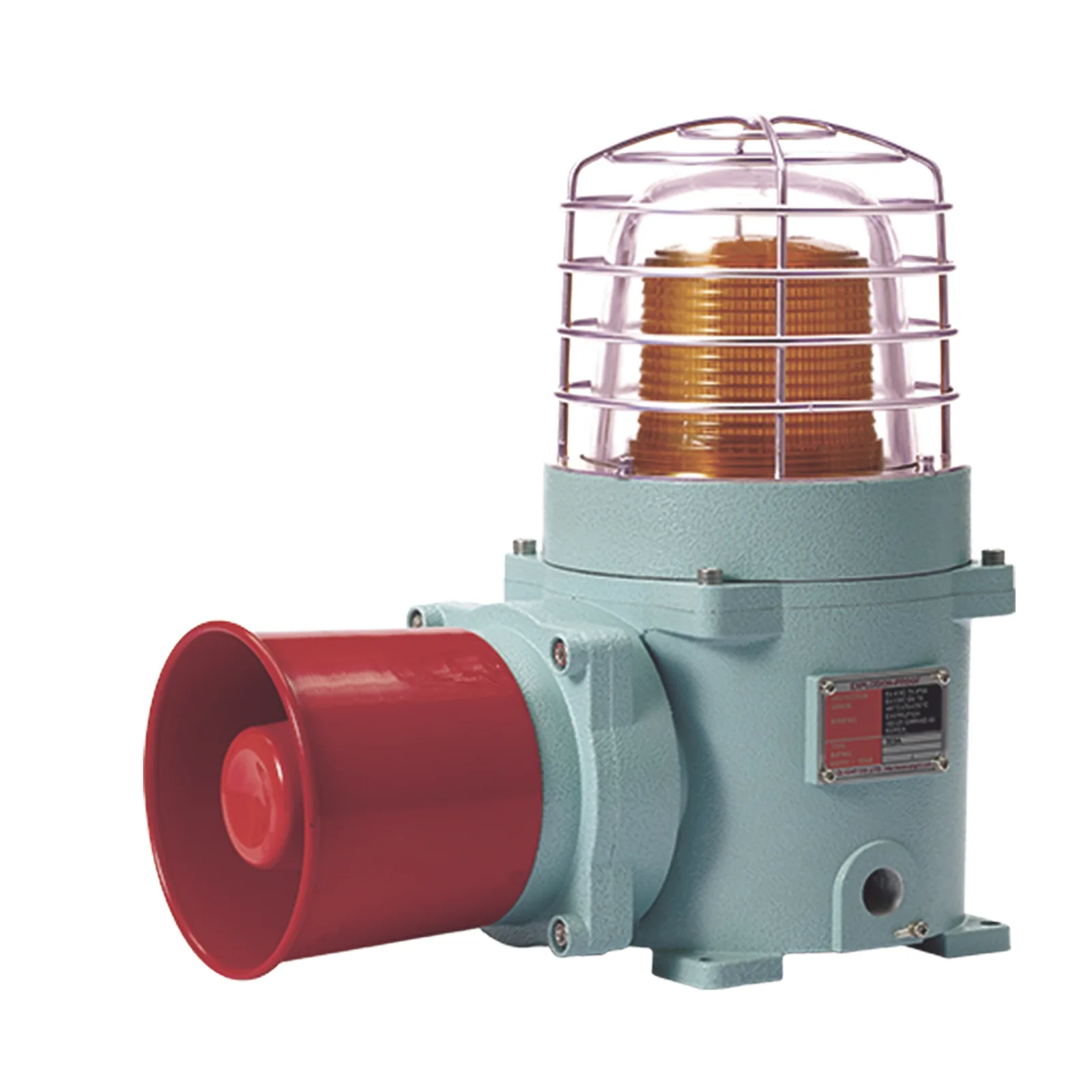 Combinación de baliza LED color Ámbar con patrón fijo y flasheante con sirena electrónica, Volumen máx. 120 dB para zonas peligrosas a 120 VCA