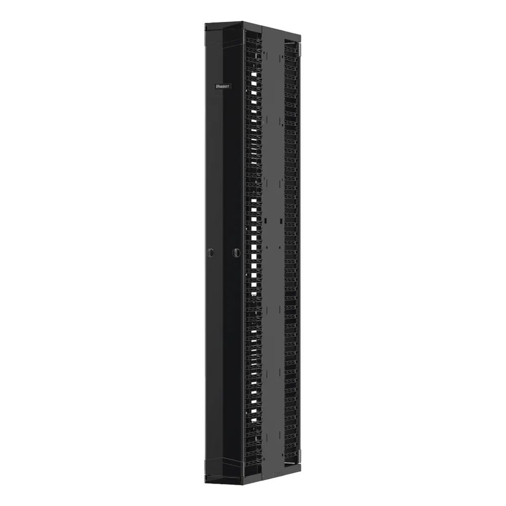 Organizador Vertical PatchRunner™ Mejorado, Doble (Frontal y Posterior), Para Rack Abierto de 45 Unidades, 12in de Ancho, Color Negro