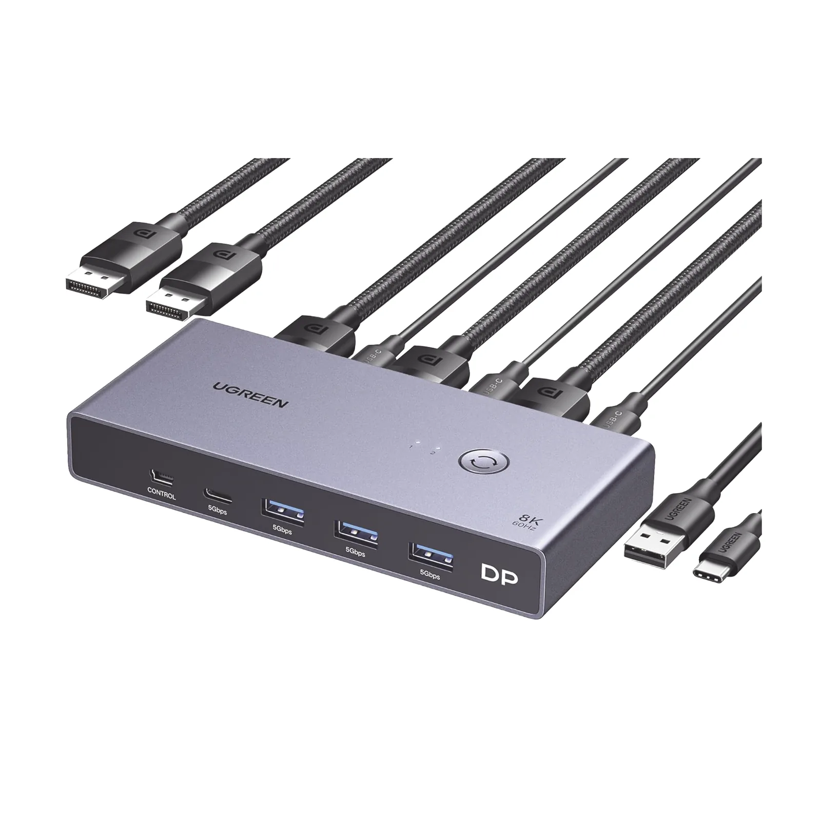 Conmutador KVM DisplayPort 8K | DP 1.4 | 2 Entradas 1 Salida | 4 Puertos USB 3.0 (3 USBA *1 USBC) | Soporta 8K@60Hz | HDR | Control de Escritorio | Carcasa de Aluminio | Indicador Led | Compatible Win, MacOs y Linux.
