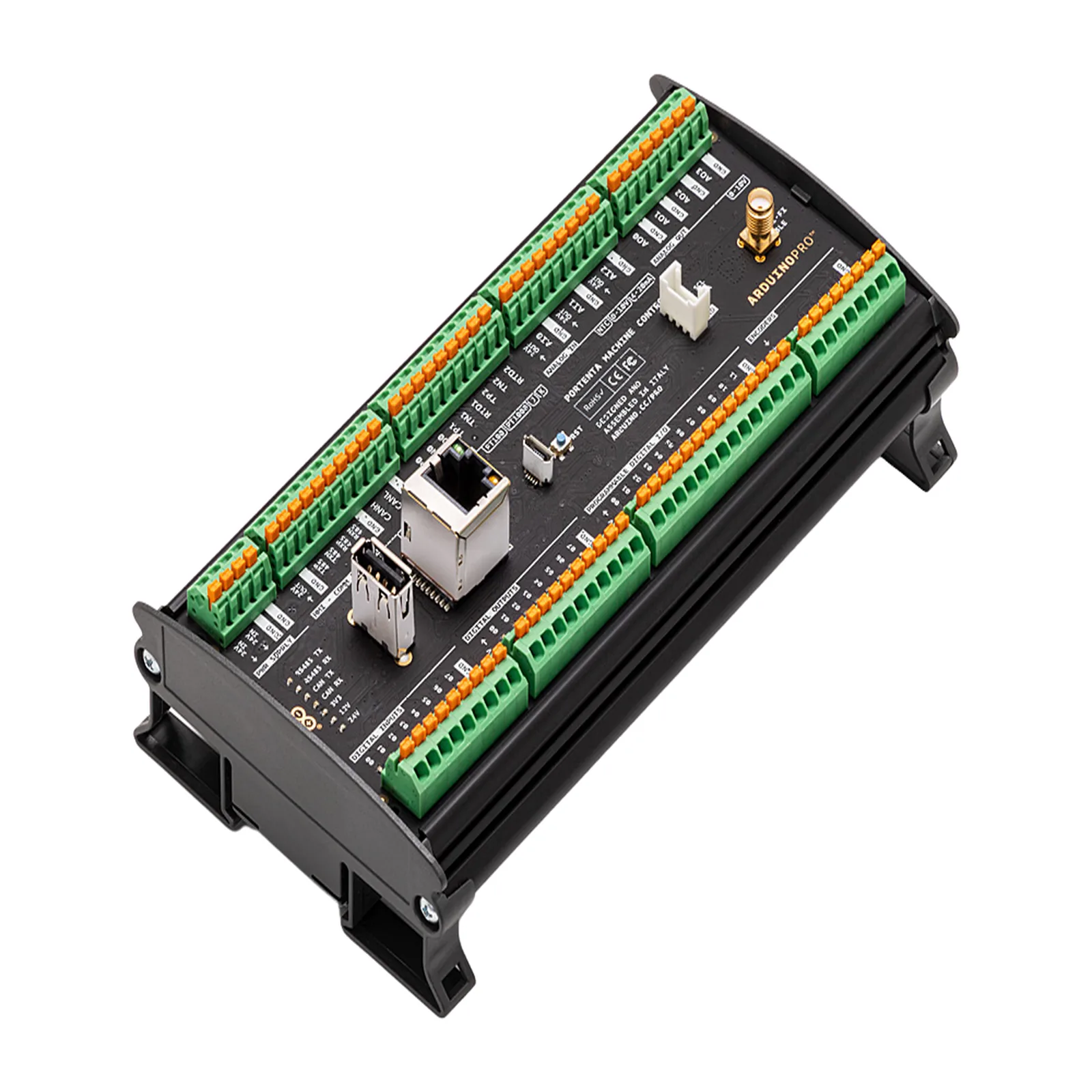 Controlador Industrial Arduino Portenta Machine Control / STM32H747XI Dual Cortex / 24V DC / 8 Entradas Digitales / 8 Salidas Digitales / 12 I/O Programables / 3 Entradas Analógicas / 4 Salidas Analógicas / 3 Canales Temperatura / CAN / Ethe