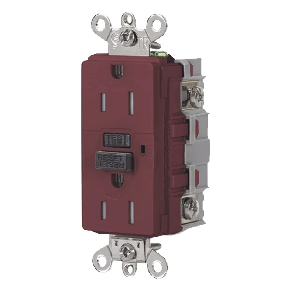 Contacto de Auto-verificación GFCI de 15 A 125 V 2 Polos/ Resistente a Manipulaciones y Intemperie / Color Rojo / Nema 5-15R / Grado Industrial.