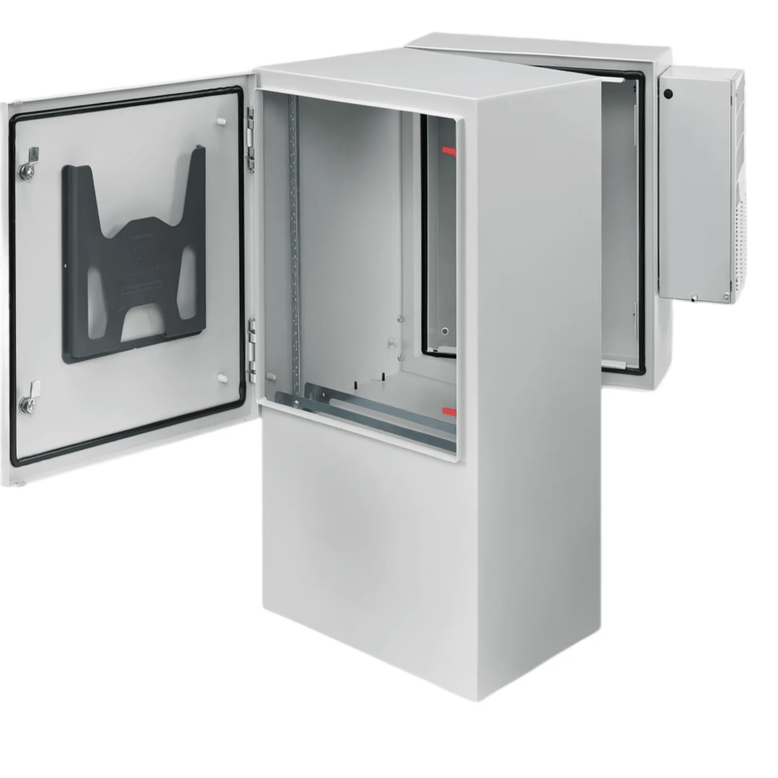 Gabinete Industrial ProTek de Puerta Sólida, Con Aire Acondicionado de 4000 BTU, Protección NEMA Tipo 4/12/4X; IP66; IK10, Abatible, Fabricado en Acero, 26 UR, Color Gris Claro