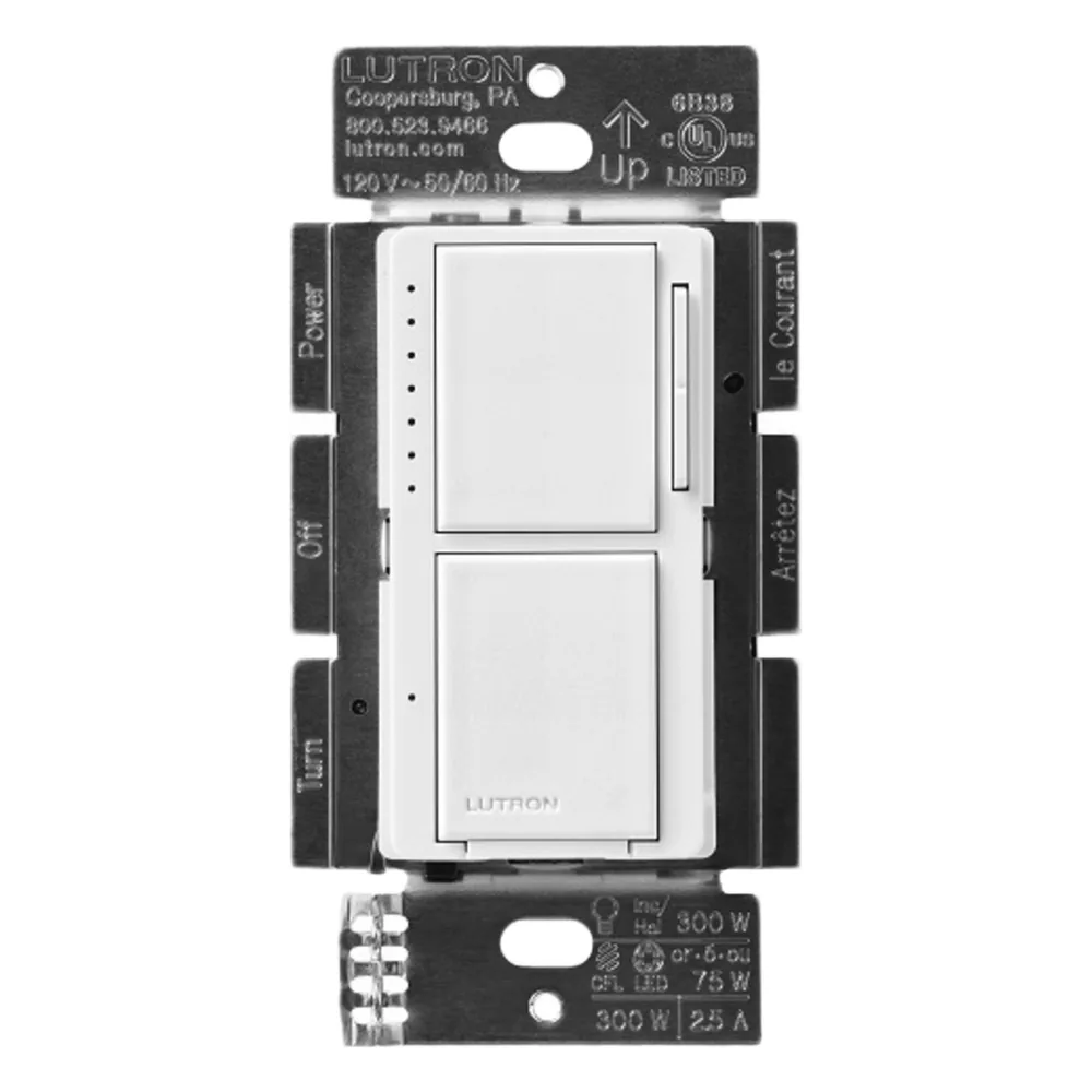 Dimmer y apagador combinados de pared, 300 W incandescente/halógena o 75 W LED/CFL, apagador 300 W / 2.5 A, sin cable neutro, línea Lutron Maestro