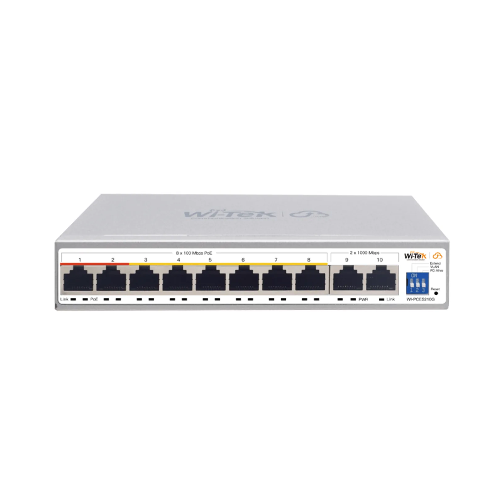 Switch PoE / Administración en la nube / Con 8 puertos 10/100 Mbps PoE af/at / 2 Puertos Uplink 10/100/1000 Mbps / Presupuesto 100 W / PoE hasta 250 metros / Soporta protocolo ONVIF