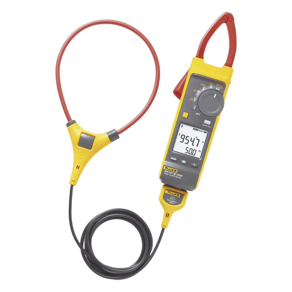 Pinza Amperimétrica de Corriente CC/CA de Verdadero Valor Eficaz con iFlex CAT III 1500 V. Ideal para Sistemas Solares, Eólicos, Baterías, Inversor, etc. Con Certificado de Calibración