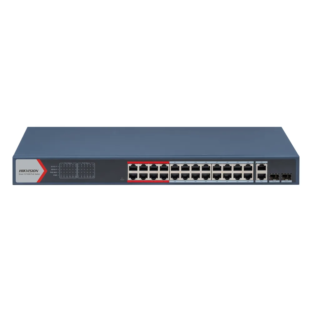 Switch PoE+ Administrable / 24 Puertos 10/100 Mbps PoE+ / 2 Puertos Gigabit Combo / 370 W / Modo Extendido 300 m / Hik-Partner Pro / 6 kV Protección