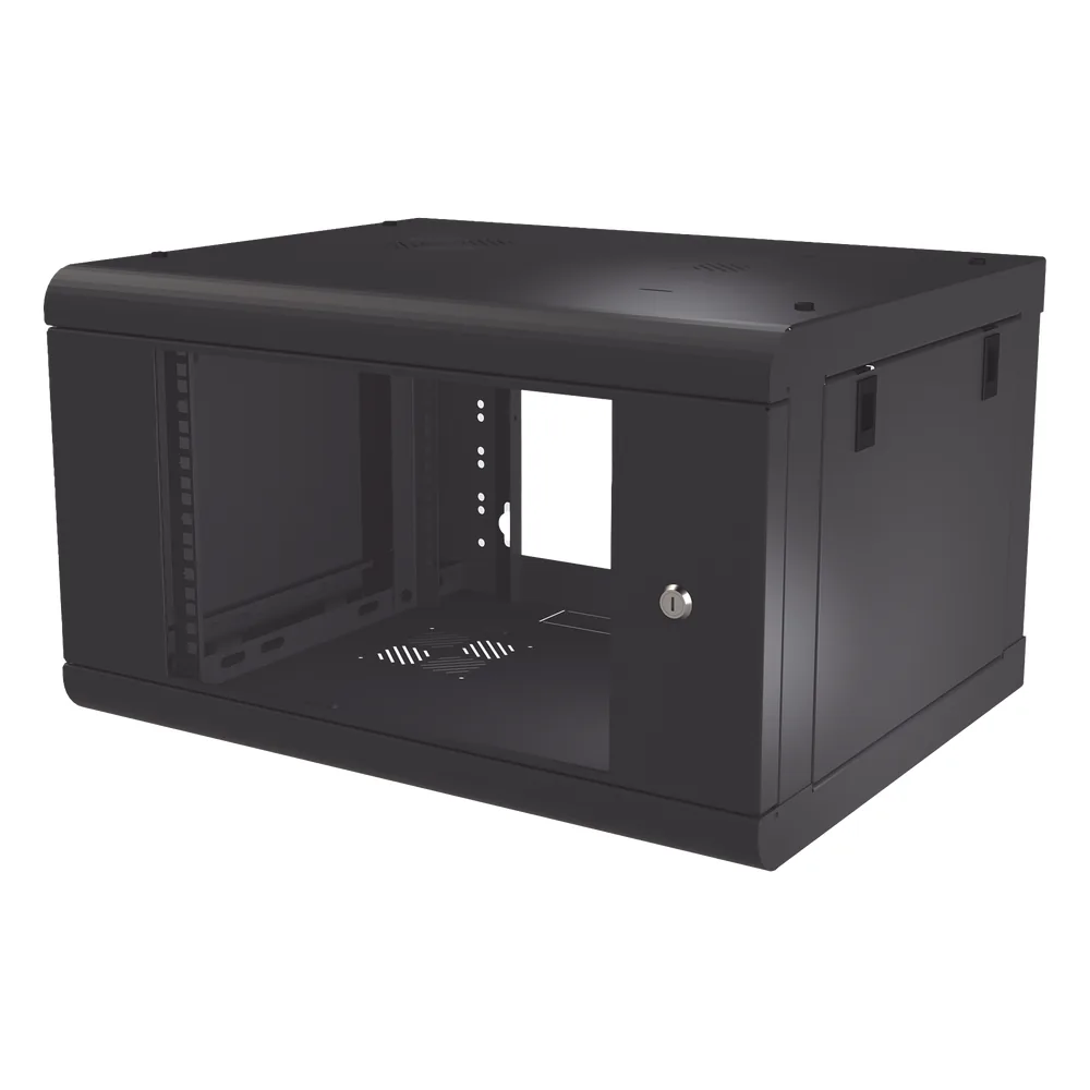 Gabinete de Pared de 6U con Puerta de Cristal Templado, 479.5 mm de Profundidad, Rack de 19'', Acero Reforzado Color Negro.
