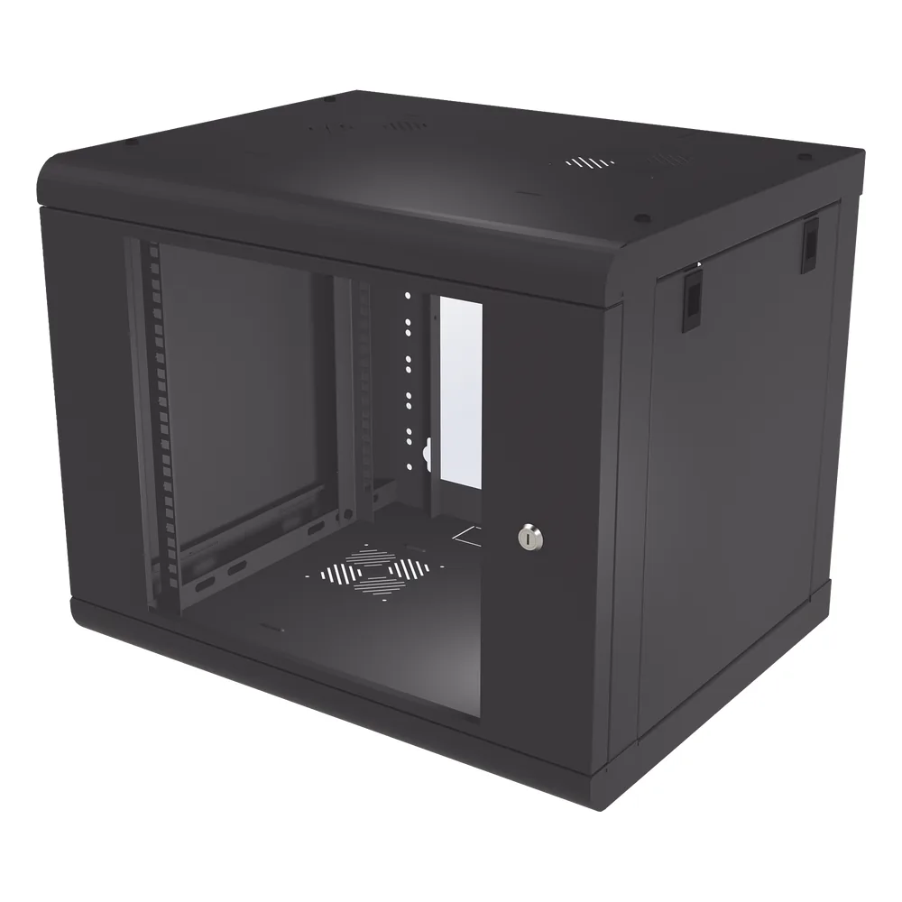 Gabinete de Pared de 9U con Puerta de Cristal Templado, 479.5 mm de Profundidad, Rack de 19'', Acero Reforzado Color Negro.