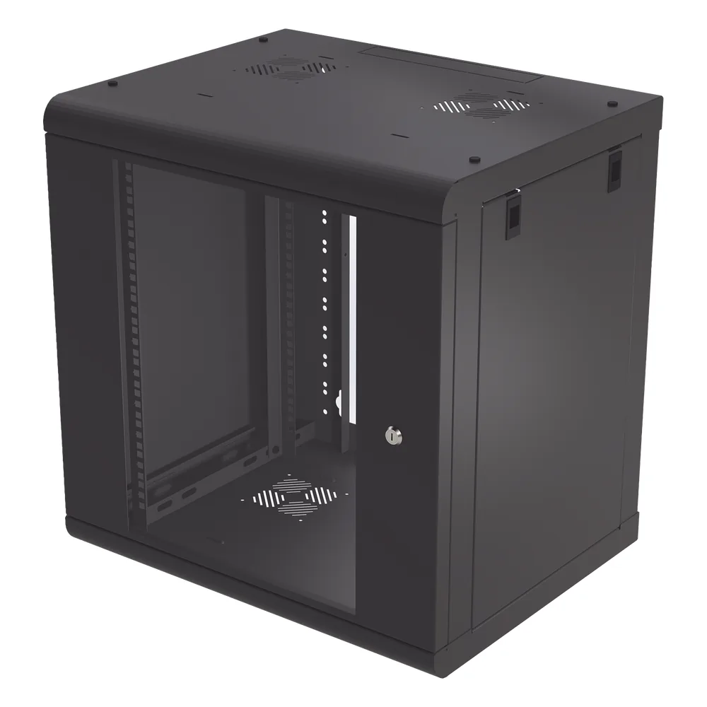 Gabinete de Pared de 12U con Puerta de Cristal Templado, 479.5 mm de Profundidad, Rack de 19'', Acero Reforzado Color Negro.