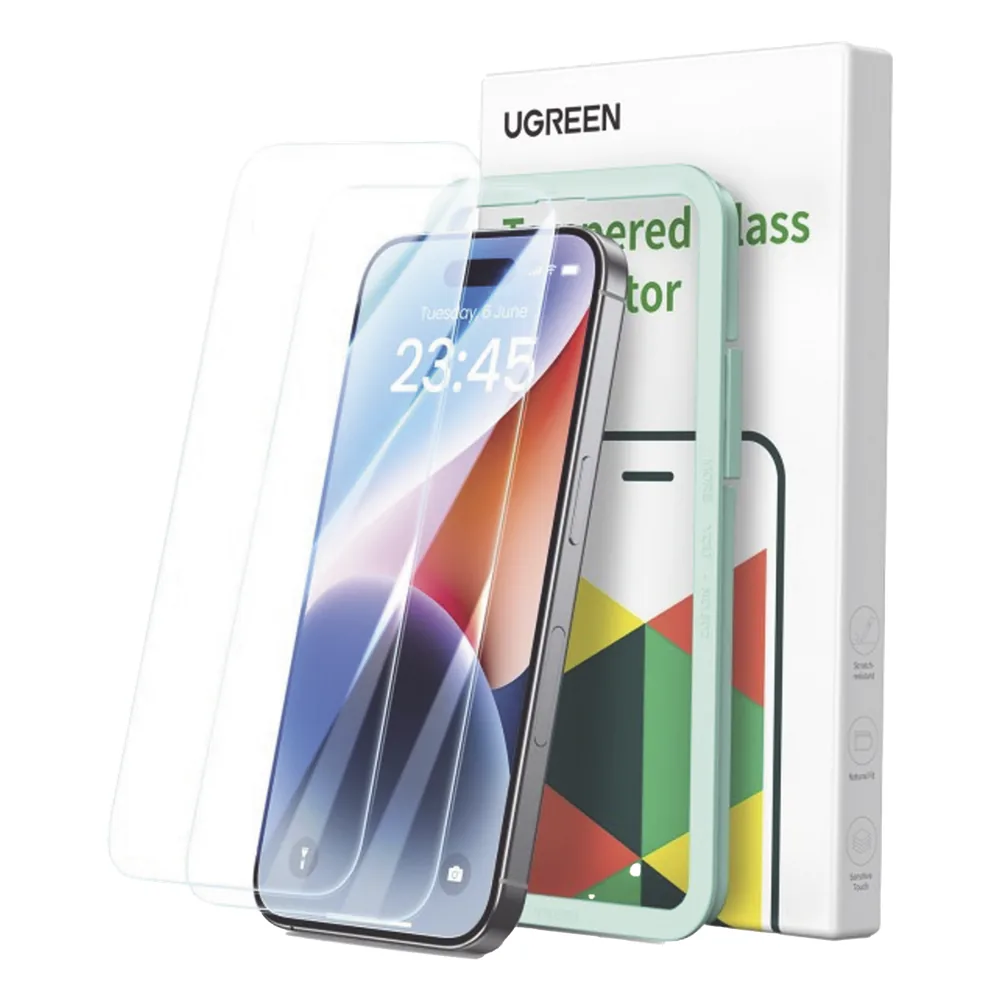 Protector de pantalla UGREEN HD con marco de instalación para iPhone 15/16 (paquete de 2)