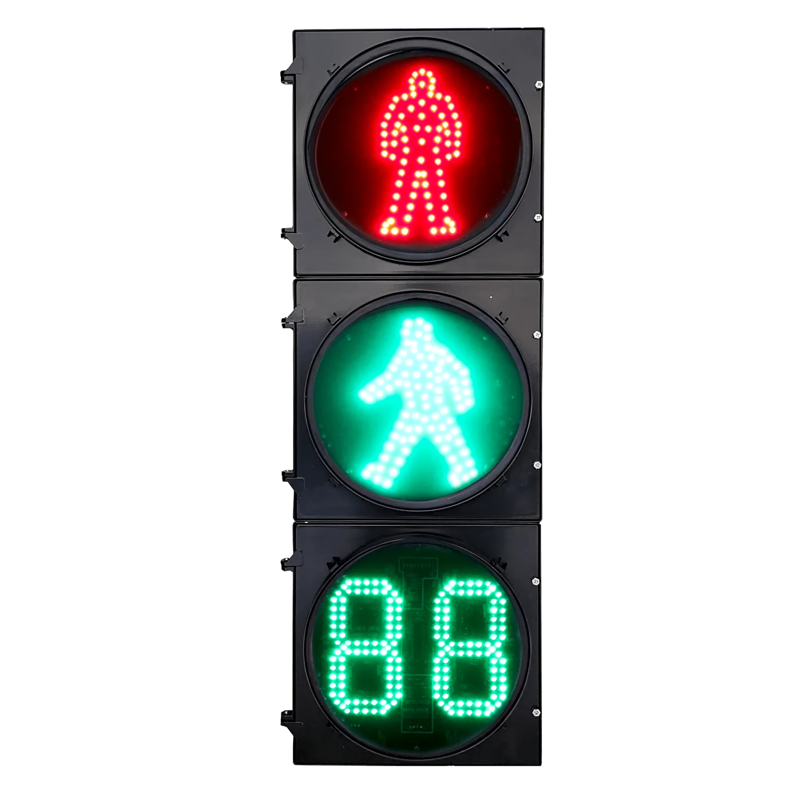 Semáforo Peatonal Estático RX300-3-3910SS-1 / LED de Alta Visibilidad 400 mts / Patrón Peatonal Rojo + Verde Estático + Contador 2 Dígitos / IP53 / Voltaje 176-265 VAC / Material PC+ABS / Temperatura -40°C a 80°C