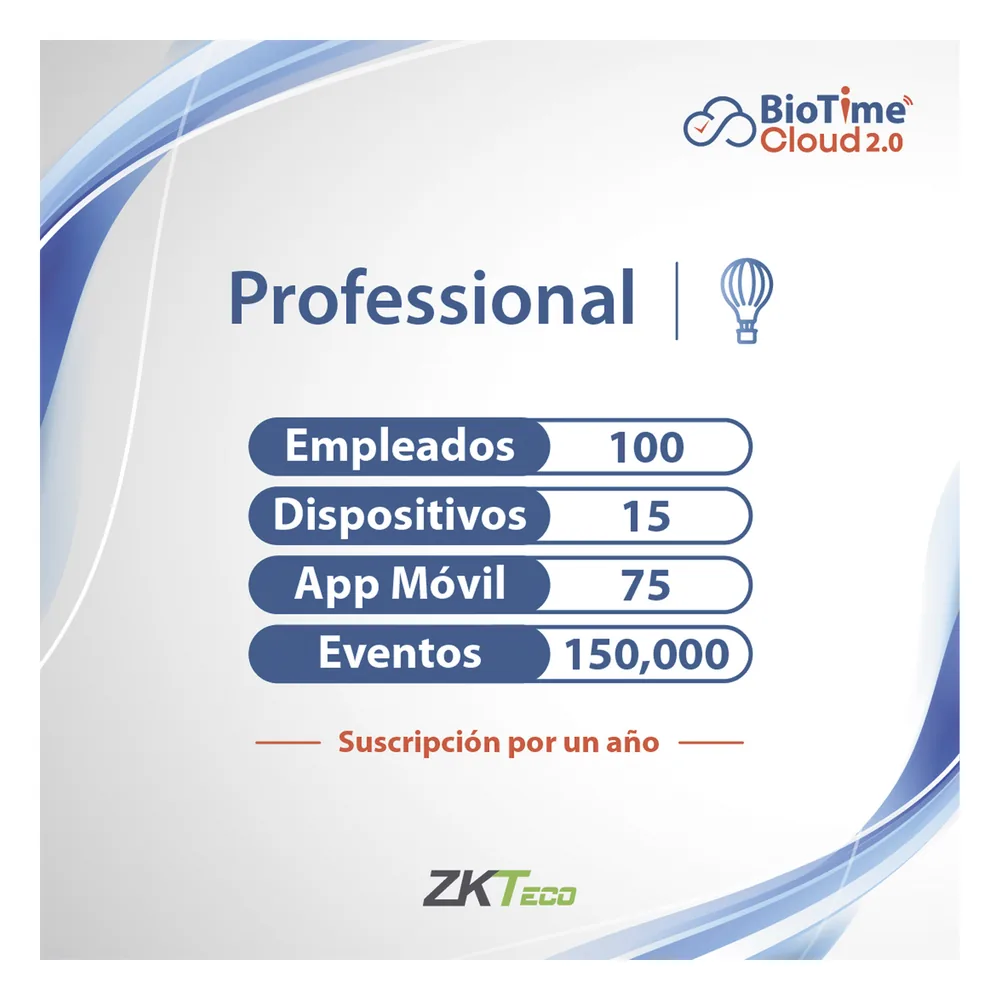 LICENCIA PROFESSIONAL BIOTIME CLOUD 2.0 / 100 USUARIOS / 15 DISPOSITIVOS (Licencia Anual)