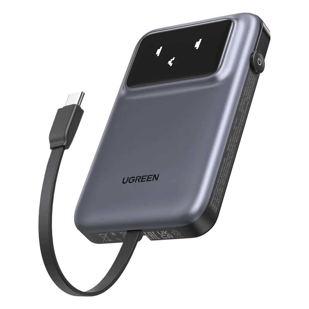 Power Bank Serie Uno | 10000mAh | 30W | con Cable USB-C Incorporado | 2 Salidas 30W Max. | Pantalla Inteligente | Carcasa Ignifuga | Aprobado por Aerolíneas.| Color Grey.
