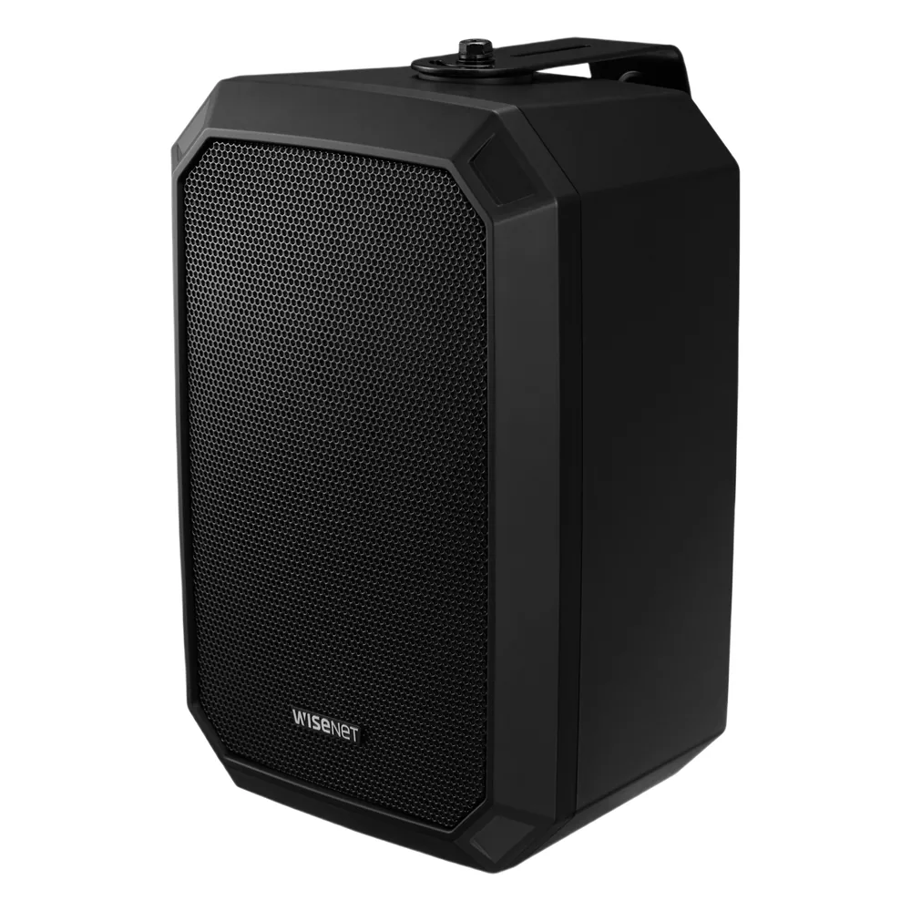 Altavoz IP Para instalacion en pared Color Negro / Amplificador integrado 10W / PoE+ / Para integración con sistema Hanwha / IP66 / SIP, IPv4, HTTP, DNS, NTP, TCP, UDP, ARP, NDAA.